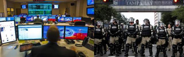  Inside the Houston Fusion Center (l), and militarized cops confronting First Amendment protesters